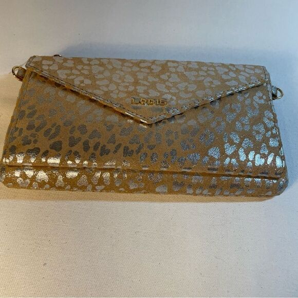 🐆 LODIS convertible wristlet crossbody wallet foiled silver & tan suede le… - Picture 3 of 8